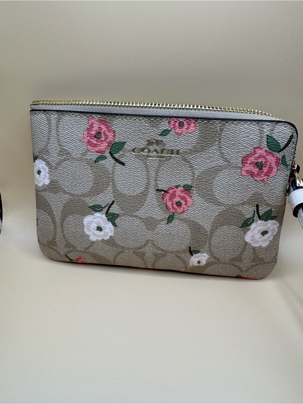 Coach Signature Floral Corner Zip Wristlet Khaki Pink NWOT